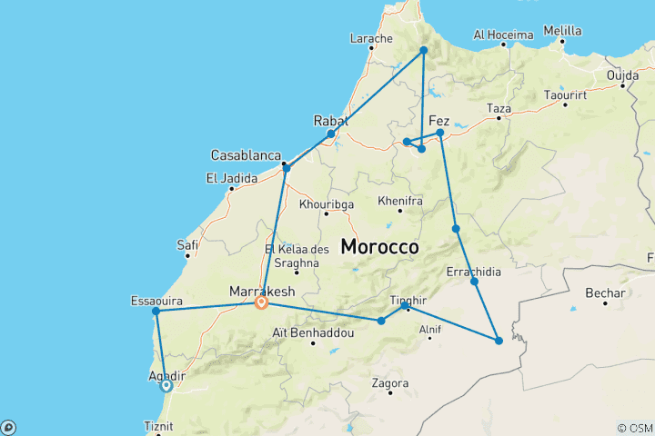 Map of 12 Day Morocco tour from Agadir