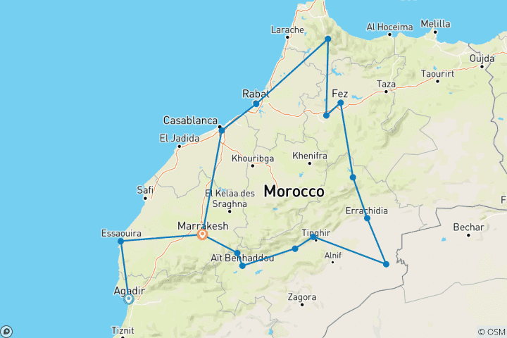 Carte du circuit Circuit privé de luxe de 12 jours : d'Agadir à Marrakech en passant par Merzouga, Fès/Chefchaouen...