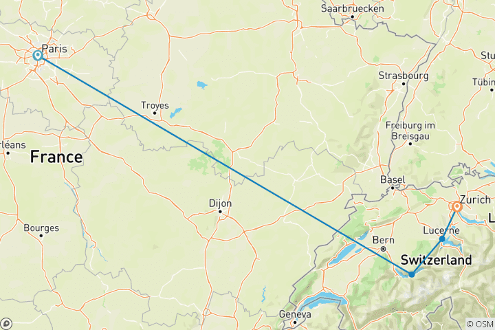 Mapa de Francia y Suiza en 8 días cubriendo París Interlaken Lucerna y Zúrich