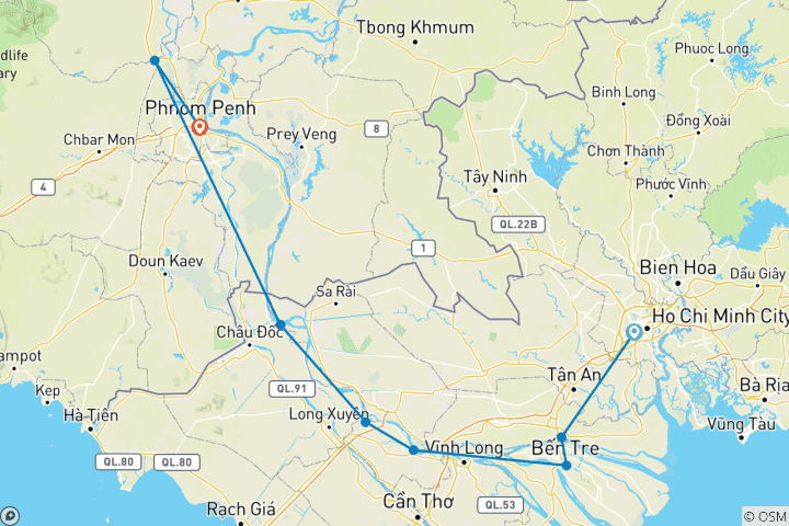 Map of 8-Day Majestic Mekong Cruise 2025-2026|2026-2027 - 8 Days (from Ho Chi Minh City to Phnom Penh)