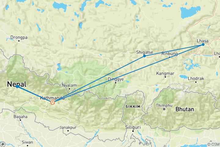 Mapa de Descubre Nepal y Tíbet 14 Días