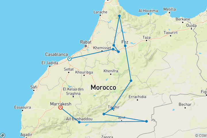 Kaart van 12 Daagse Marokko rondreis van Casablanca naar Marrakech: De ultieme 12-daagse rondreis