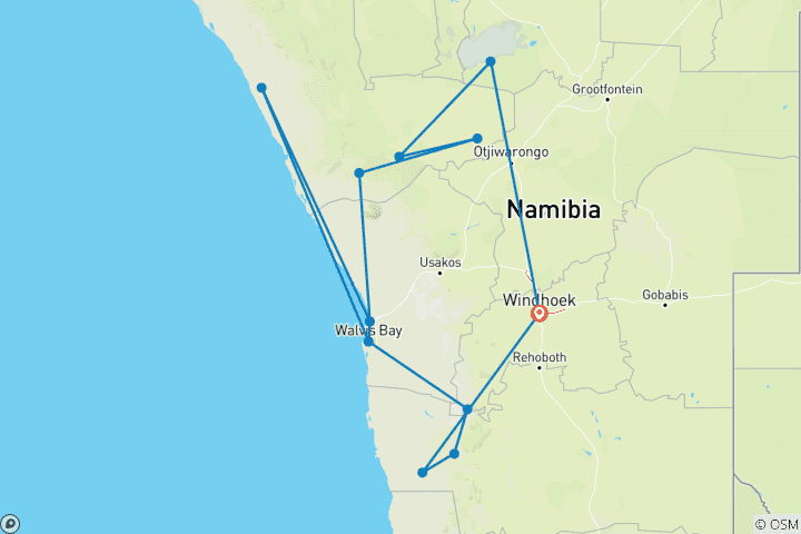 Kaart van Ontdek Namibië: Gouden Zand & Wilde Landen (10 Dagen)