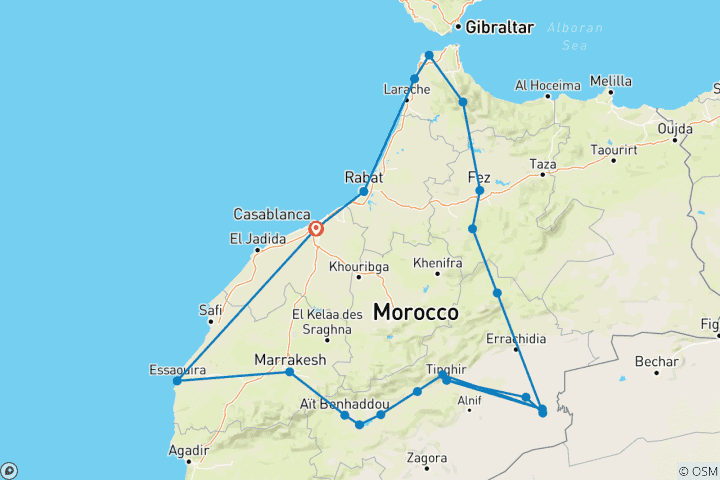 Kaart van Marokko rondreis 12 dagen vanuit Casablanca