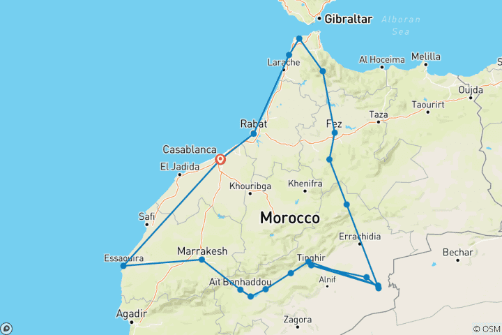 Kaart van Marokko rondreis 12 dagen vanuit Casablanca