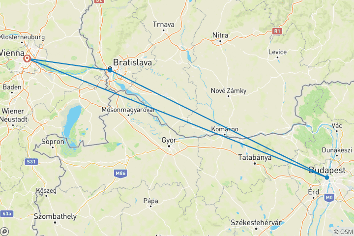 Map of New Year on The Danube: Vienna, Budapest and Bratislava (port-to-port cruise) - DOUCE FRANCE