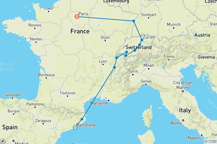 Map of Barcelona to Zurich with Paris