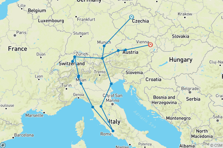 Carte du circuit Europe centrale (17 destinations)