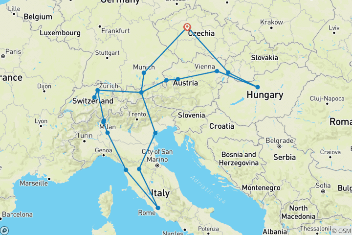 Carte du circuit Belle Europe ROT (20 destinations)