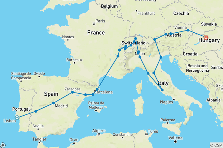 Karte von Europa von West nach Ost (ende Budapest) (26 Destinationen)