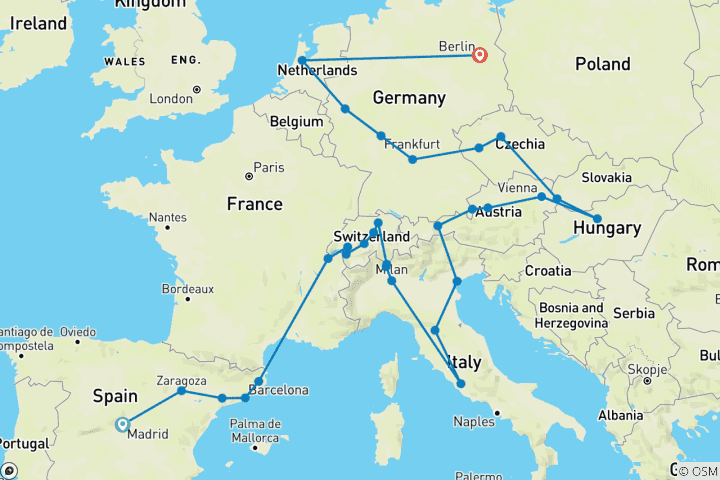 Kaart van Uitgebreid Europa (33 bestemmingen)