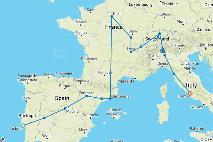 Carte du circuit Pleins feux sur l'Europe (18 destinations)