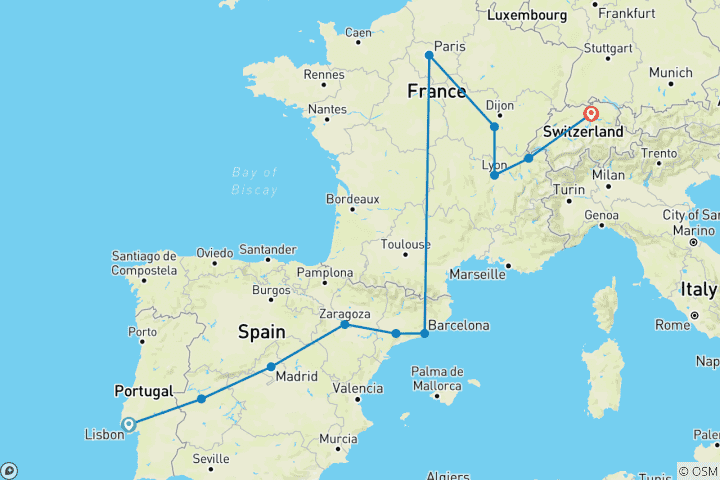 Kaart van Europees spotlicht einde Zürich (11 bestemmingen)