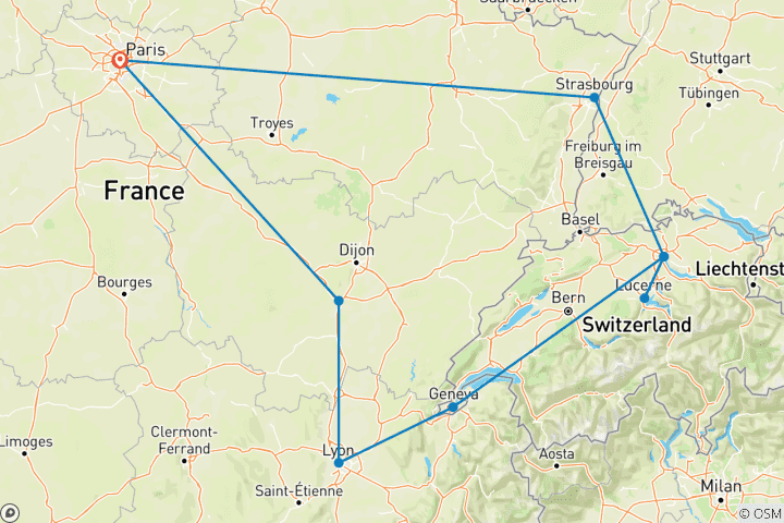 Mapa de Francia y Suiza ROT (9 destinations)