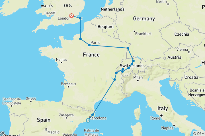 Carte du circuit Panorama vert fin Londres (14 destinations)