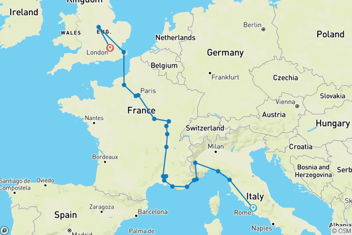 Karte von Von Italien bis Frankreich mit London (23 Destinationen)