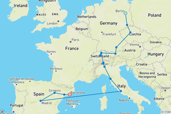 Mapa de Europa: de norte a sur (17 destinations)