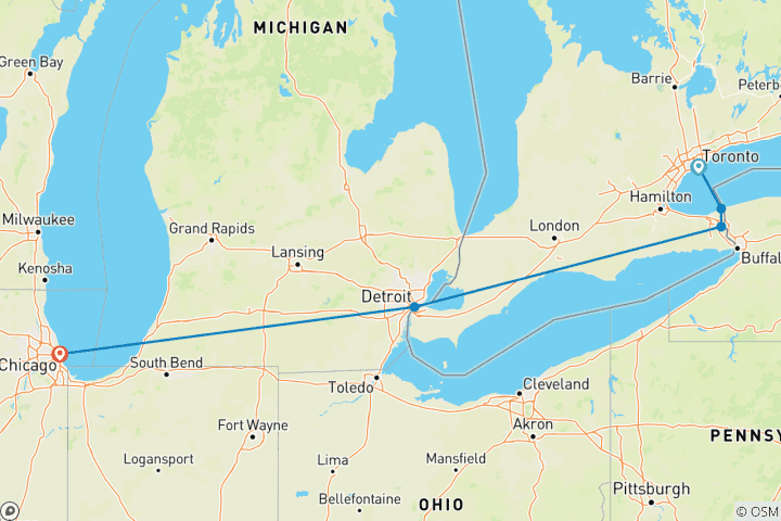 Carte du circuit Toronto, Niagara et Chicago (5 destinations)