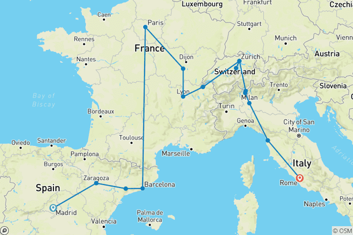 Carte du circuit Merveilles européennes (16 destinations)