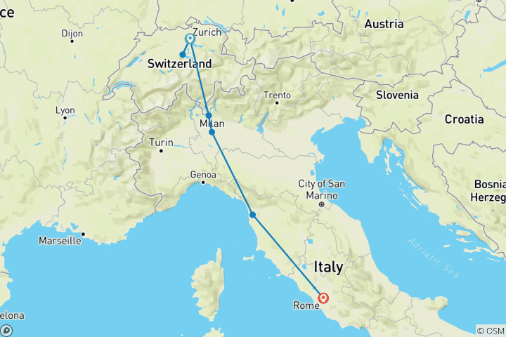 Carte du circuit Pleins feux sur la Suisse et l'Italie (7 destinations)