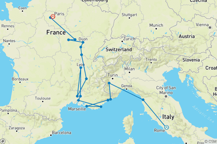 Map of From Italy to France end Paris (20 destinations)