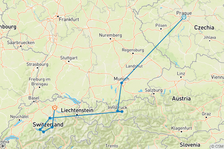 Karte von Von Prag nach Zürich (9 Destinationen)