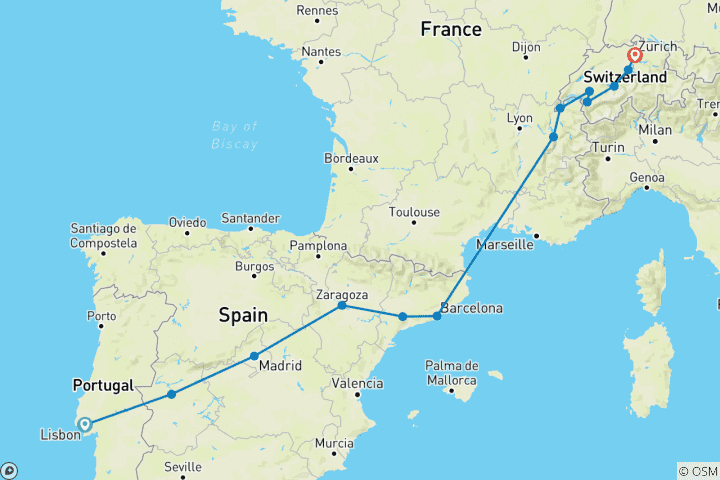 Map of Lisbon to Zurich (13 destinations)