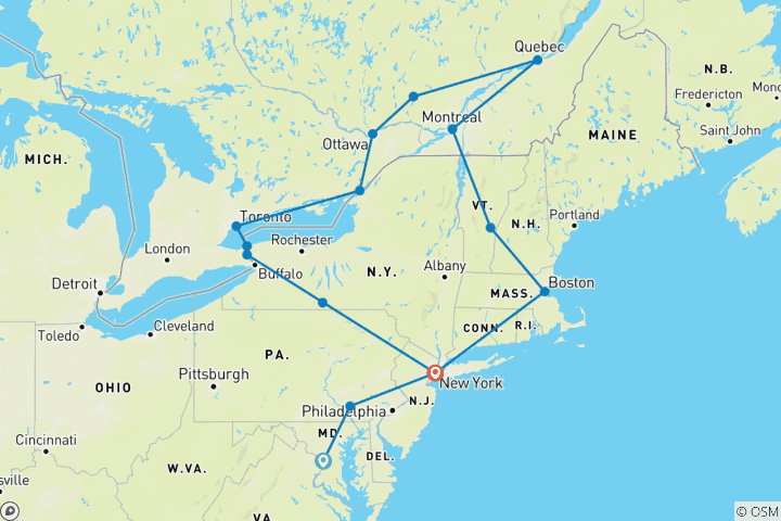 Mapa de Washington, NY con capitales canadienses - Fin en NY (15 destinations)