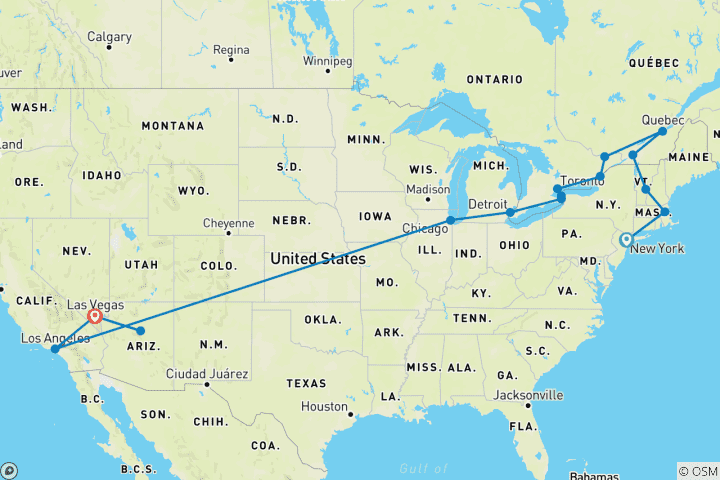 Mapa de Clásicos esenciales de la Costa Este y el oeste - Fin en Las Vegas