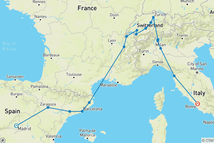 Carte du circuit De Madrid à Rome (17 destinations)