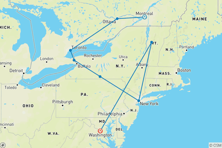 Mapa de De Montreal a Washington (8 destinations)