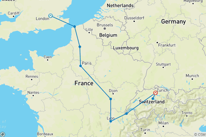 Map of London, Paris and Zurich