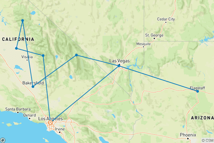 Mapa de Los Ángeles, Las Vegas con los parques nacionales (10 destinations)