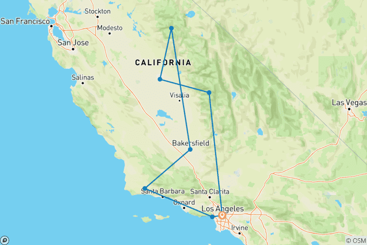 Carte du circuit Los Angeles, Yosemite et Giant Sequoia (8 destinations)