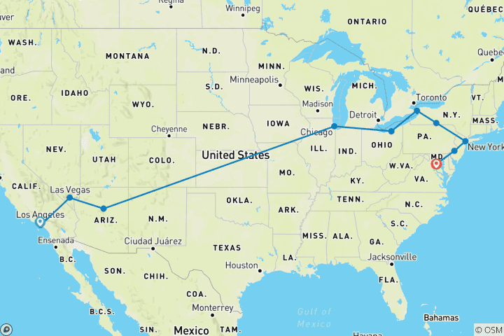 Kaart van Verken de VS vanuit het westen – met Chicago & NY – eindpunt Washington