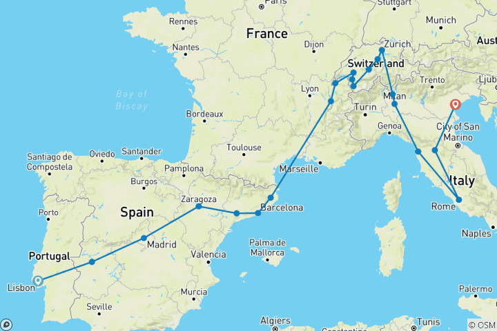 Carte du circuit La ligne sud- européenne (21 destinations)