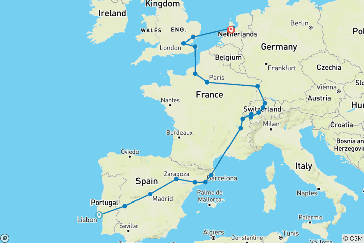 Carte du circuit Faits marquants du Vieux Continent (22 destinations)