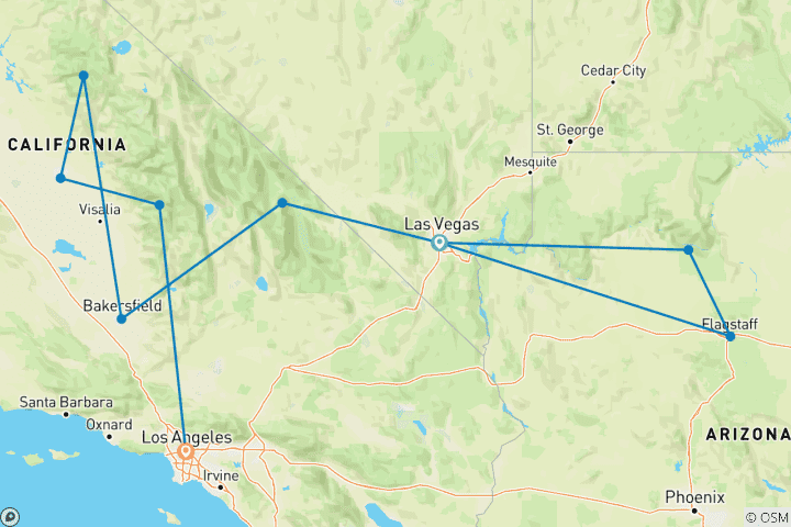 Carte du circuit Parc de l'Ouest depuis Las Vegas (10 destinations)