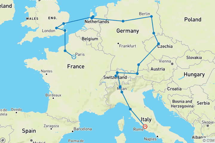 Carte du circuit Les joyaux de l'Europe (21 destinations)