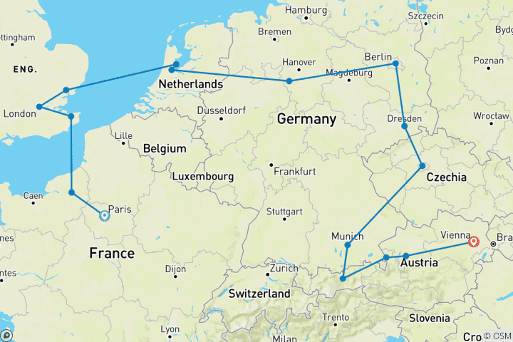 Carte du circuit Paris et les capitales impériales (16 destinations)