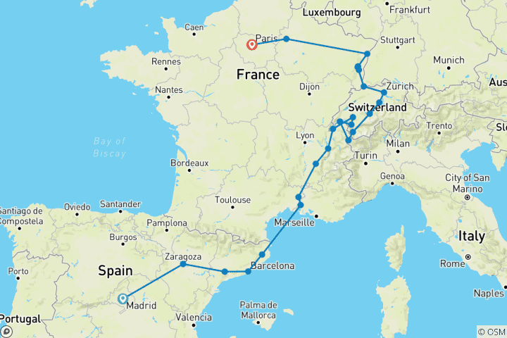 Carte du circuit Espagne et Suisse avec l'Alsace enchantée (26 destinations)