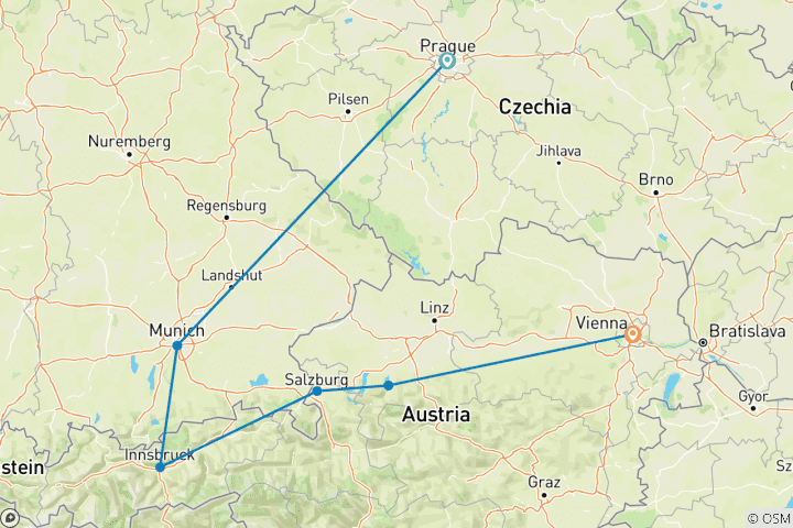 Map of Prague, Munich and Austria (including Traunsee)