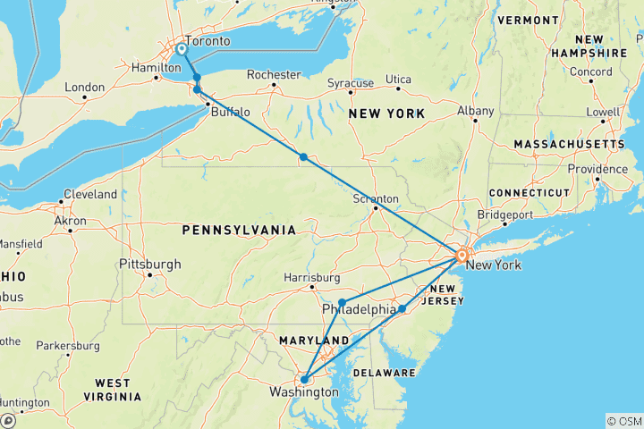 Carte du circuit Toronto, Niagara avec la côte Est (9 destinations)