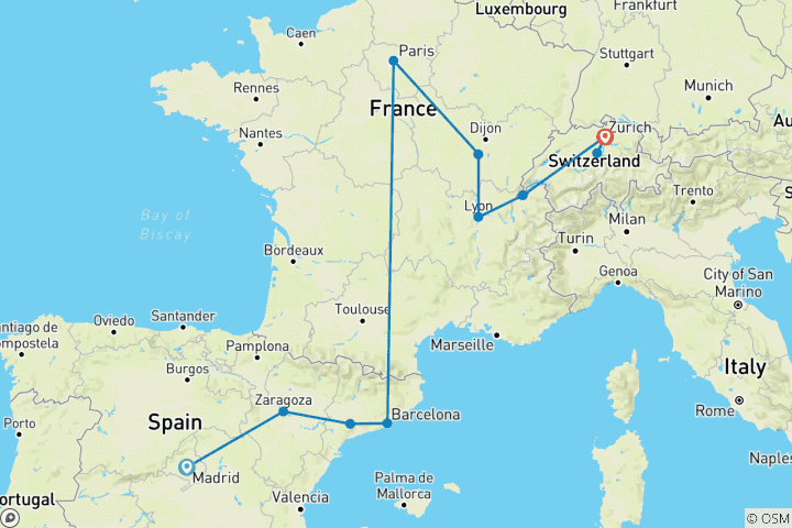 Carte du circuit Espagne, France et Suisse (11 destinations)