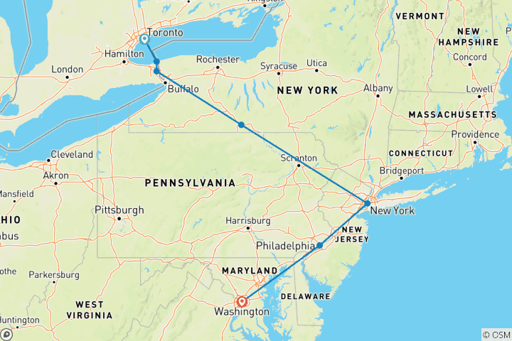 Carte du circuit Toronto, Niagara avec la côte est, fin à Washington