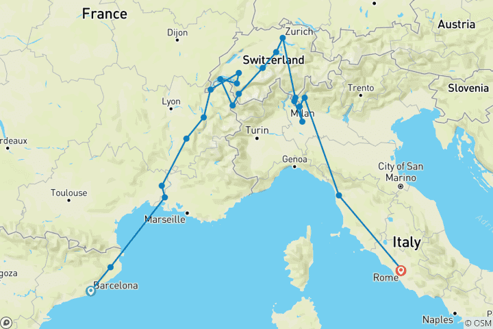 Carte du circuit Espagne, Suisse et Rome (15 destinations)