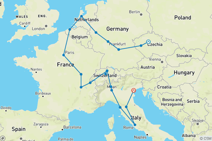 Carte du circuit Une Europe dynamique (20 destinations)