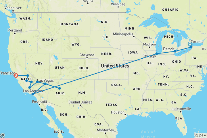 Map of Toronto, Niagara, and Chicago with Western Classics