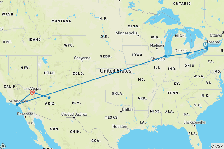 Mapa de Toronto, Niágara y Chicago, con clásicos del Oeste - Fin en Las Vegas