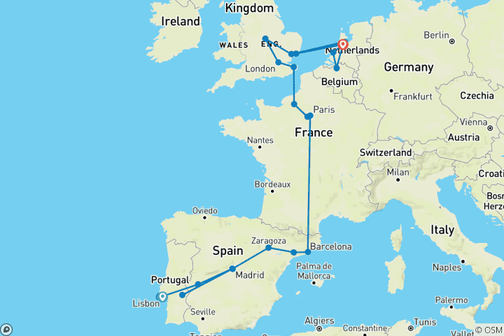 Carte du circuit Europe occidentale (13 destinations)